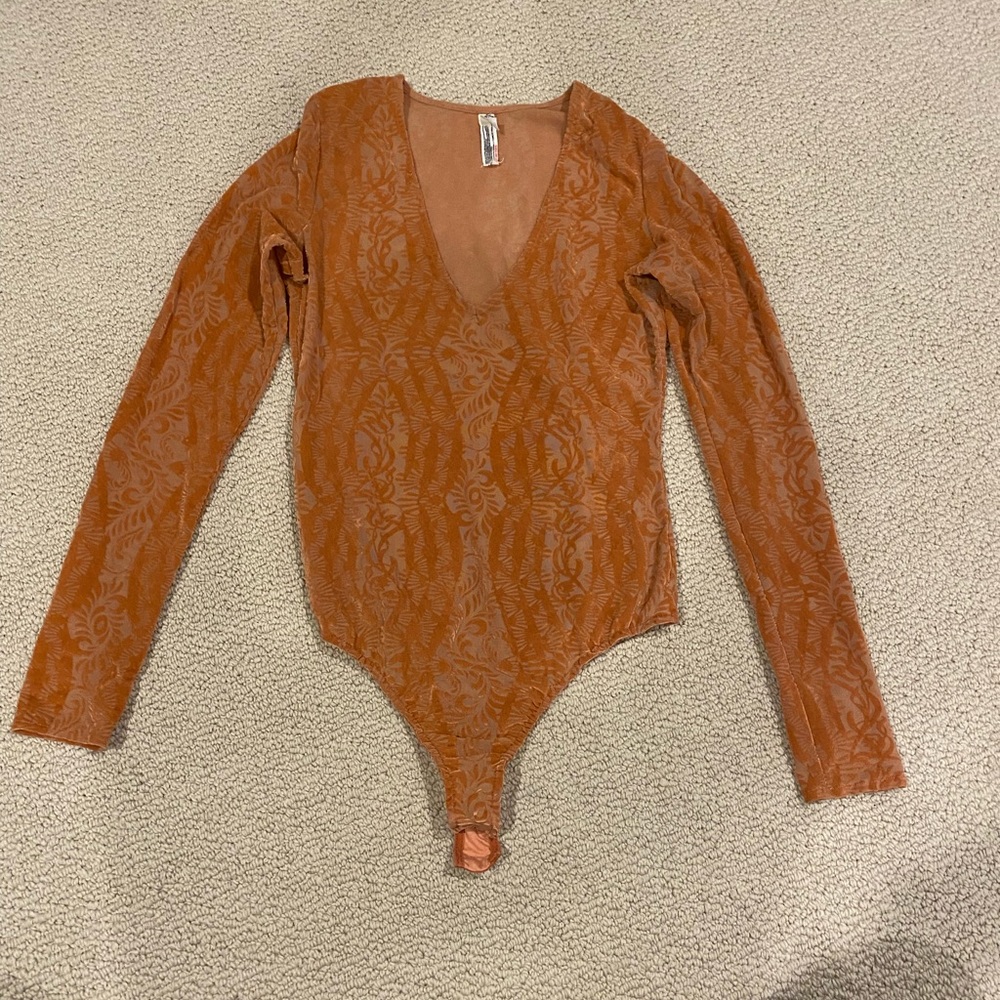 Free People: Unique, Velvety, Sheer, Orange Bodysuit